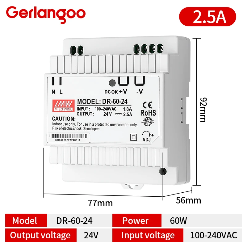 High-Efficiency Industrial DIN Rail Power Supply, 100-240VAC Input, Single Output: 5V/12V/24V, 15W-60W Range
