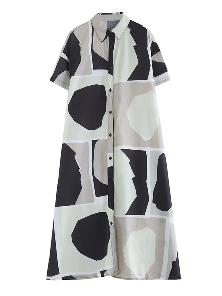 2025 Summer New Green Vintage Print Shirt Dresses For Women Short Sleeve Loose Casual Long Dress Robe Fashion Elegant Clothing