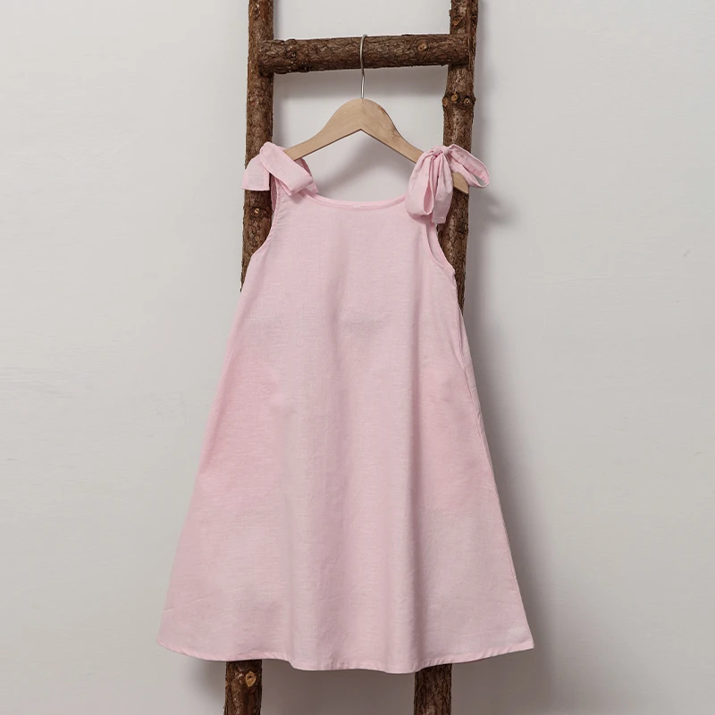 Girls Linen Adjustable Ribbon Dress Summer New Children's Casual Loose Cotton and Linen Lovely Pink