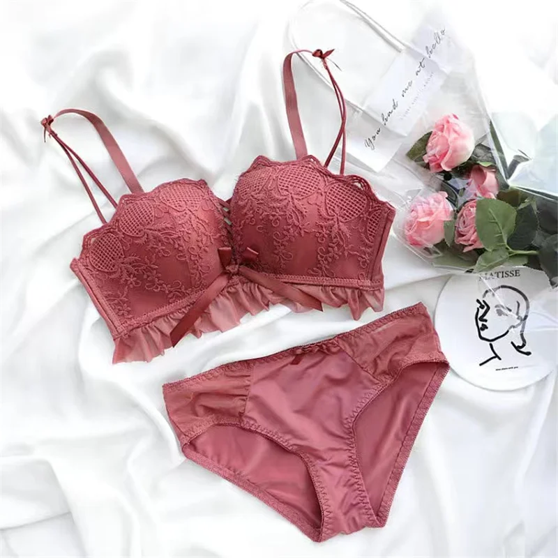 Korean Fashion Push Up Bras and Panty Set for Women Black Mesh Bow Embroidery Non Wire Bralette Mujer Sexy Lingerie Set Lenceria