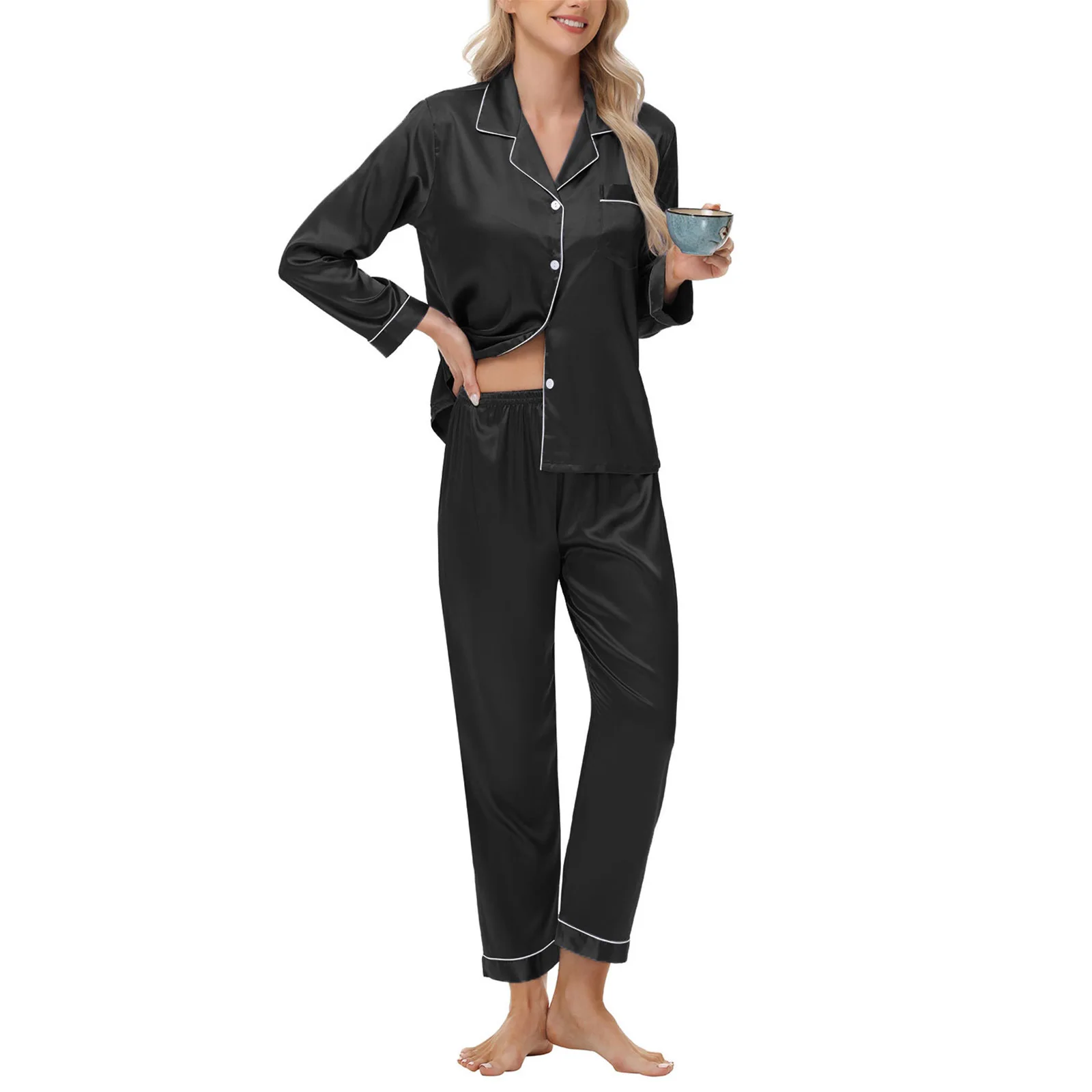 Damen-Pyjama-Set aus Seidensatin, langärmelig, Button-Down-Nachtwäsche, 2-teiliges Lounge-Set, Pj-Set, S-2XL, Loungewear – Detail 7
