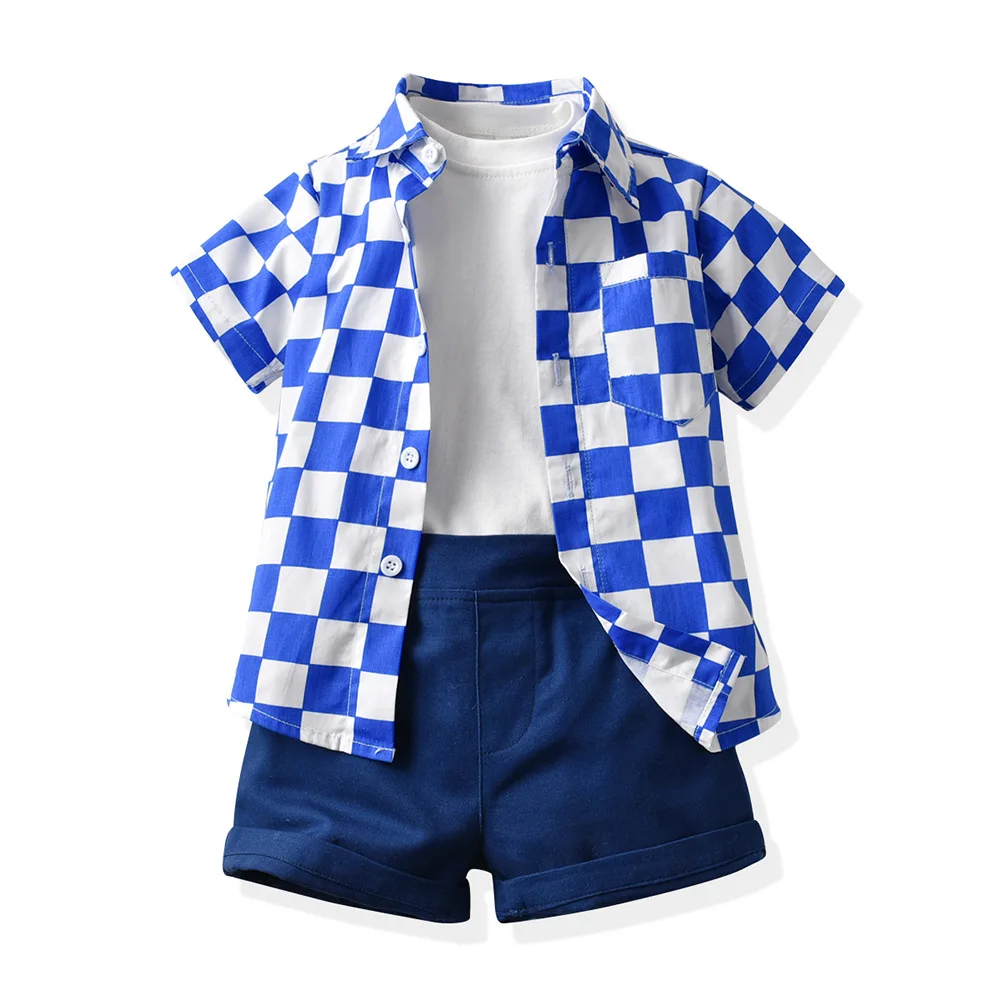 

Boys' Set Children's 2023 Summer Trendy Checkered Short Sleeve Cotton Cardigan White T-shirt Over Knee Shorts Children's Set
