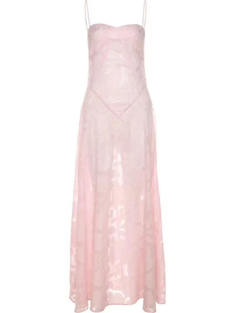 2025 Summer New Dresses For Women Spaghetti Strap Lace Hollow Out Low Cut Sexy A-lin Long Dress Beach Vacation Fashion Vestidos