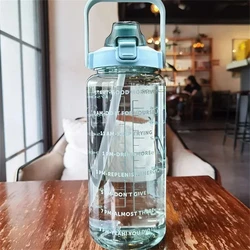 Portable 2L Large - Capacity Water Bottle with Straw and Time Marker for Outdoor Sports and Fitness (Green)