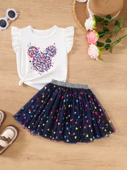 Summer toddler Girls' Clothing Sets Heart Print Short-Sleeved Tops Colorful hearts Tutu Skirt 2Pcs Outfits Valentine's Day Gift 1