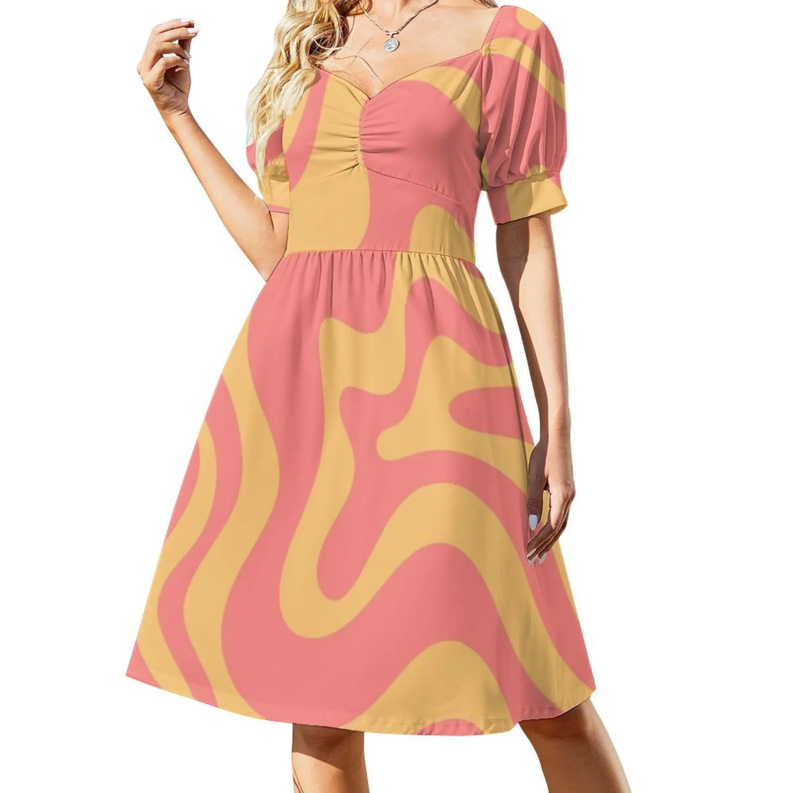 Liquid Swirl Retro Modern Abstract Pattern in Pink and Mustard Yellow Sleeveless Dress Beachwear ladies dresses for women 2023
