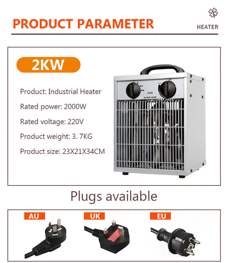 2KW Industrial Heating Fan Adjustable Temperature Control Air Warmer Hot Wind Blower Farm Greenhouse Heater Commercial Household 5