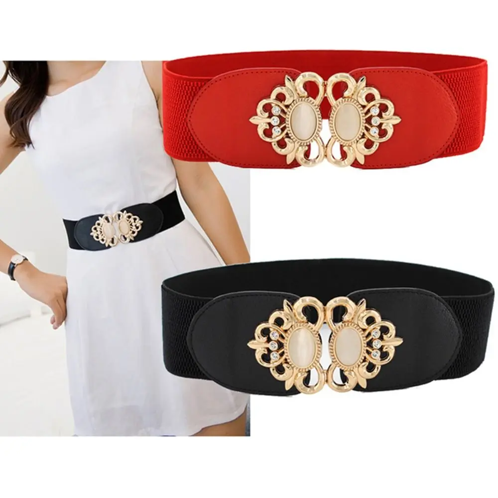 Women Elastic Stretch Ladies Dress Cummerbund Wide Elastic Waist Belt Wild Skirt Bands Retro Buckle Waistband