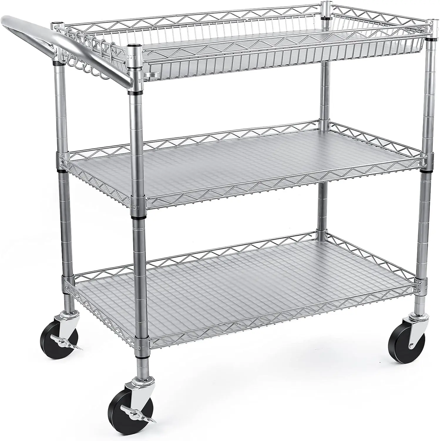 

Duty 3 Tier Rolling Utility Cart, Kitchen Cart on Wheels Metal Serving Cart Commercial Grade with Wire Shelving Liners and Handl