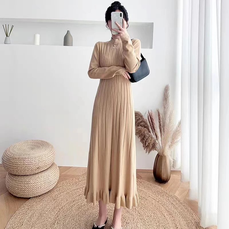 

New Autumn Winter Knitted Sweater Dress Women Hollow Out Elegant Half High Collar Long Sleeve Long Dresses Vestidos Bottoming