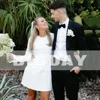 Elegant Short Wedding Dress Long Sleeve O-Neck Buttons Zipper Back Simple Bridal Gown Above Knee Vestidos De Noiva Customized 5
