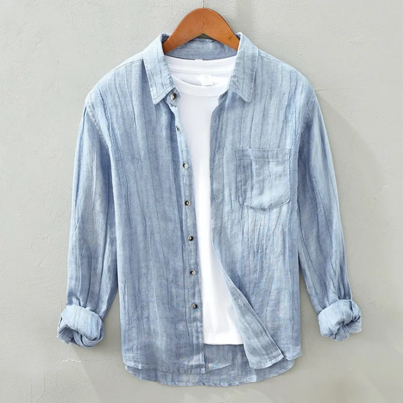 Primavera Morbido Traspirante Uomo 100% Camicie Di Lino Con Tasca Manica Lunga Abbottonatura Camicie Camicie Vintage Allentate Streetwear