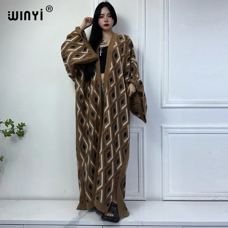 

NEW WINYI winter cardigan Africa kimono women Geometric print maxi OverCoat Thick Warm long down coat Middle East fashion abaya