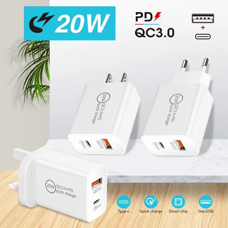 Dual USB Type C Charger Adapter 20W PD QC3.0 Fast Charging Port Type C