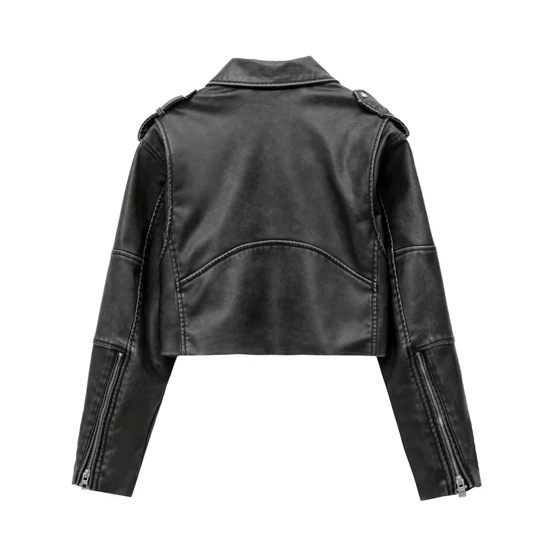 2024 Women's new short make old effect imitation leather motorcycle jacket jacket women's washed gray leather coat