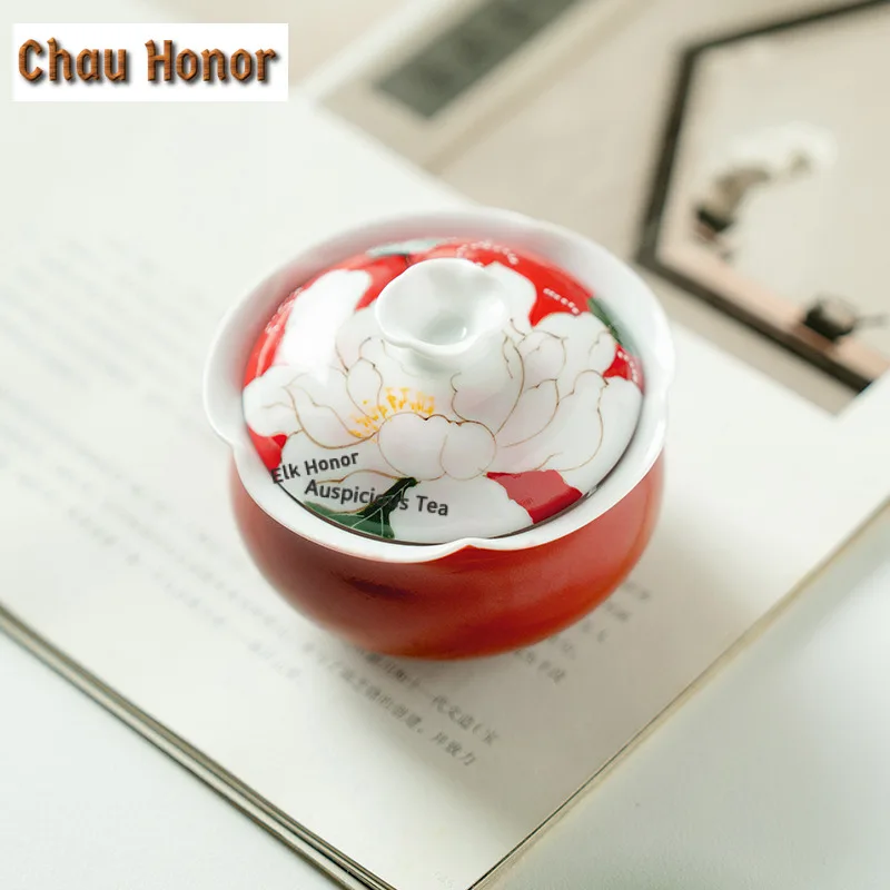 90ml Hand-painted Butterfly Peony Red Gaiwan Japanese Tea Tureen Tea Bowl With Lid Kit Tea Brewing Cover Bowl For Teaware Gift