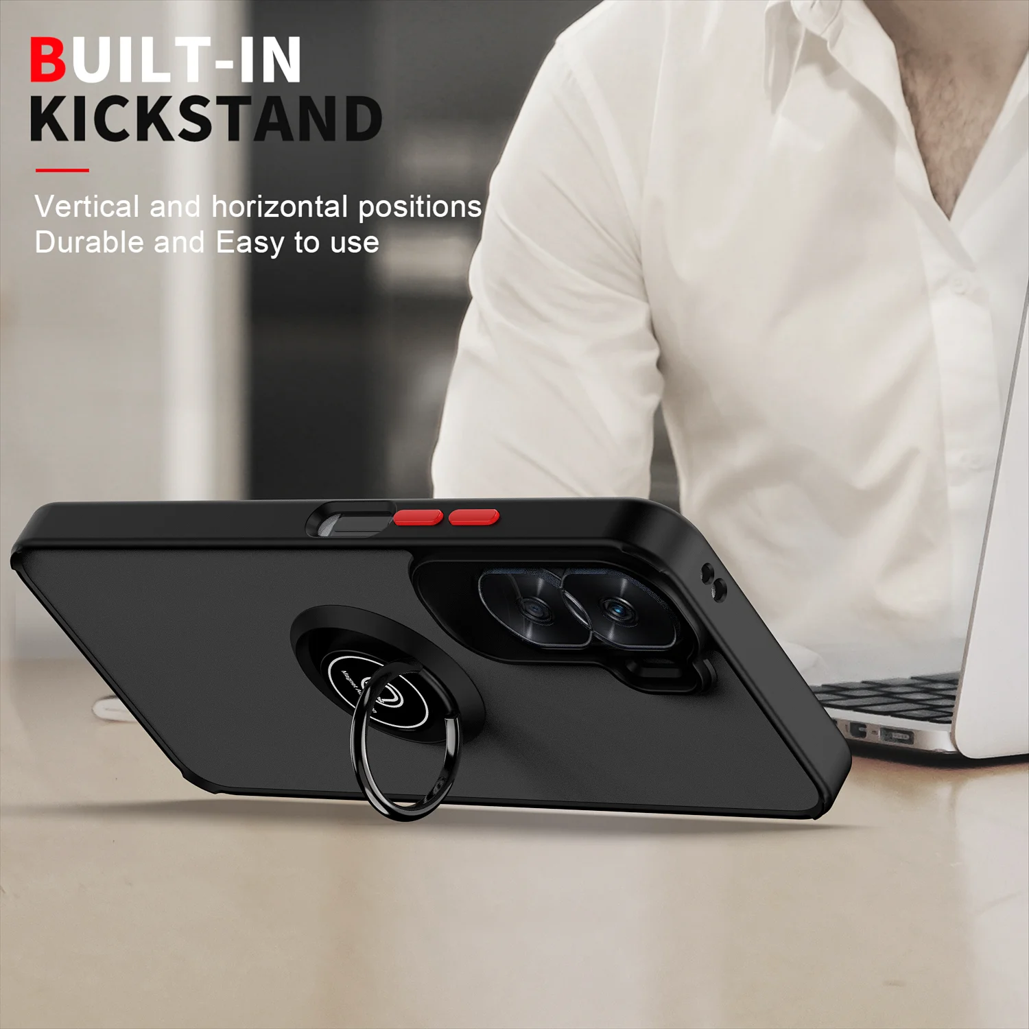 Enhanced Shockproof Armor Case with Matte Hard Back and Ring Stand Holder