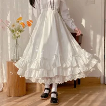  Japanese Solid Color Double Layer Vintage French Ruffled A-Line Pleated Skirt Hepburn Black Half Skirt Female White Long Skirt 
