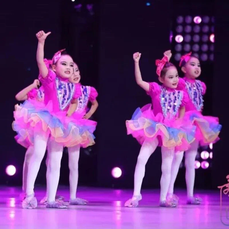 Kids Ballroom Clothing Sequined Modern Dance Tutu Dress Girls Jazz Dance Costume Stage Wear Wedding Princess Dresses