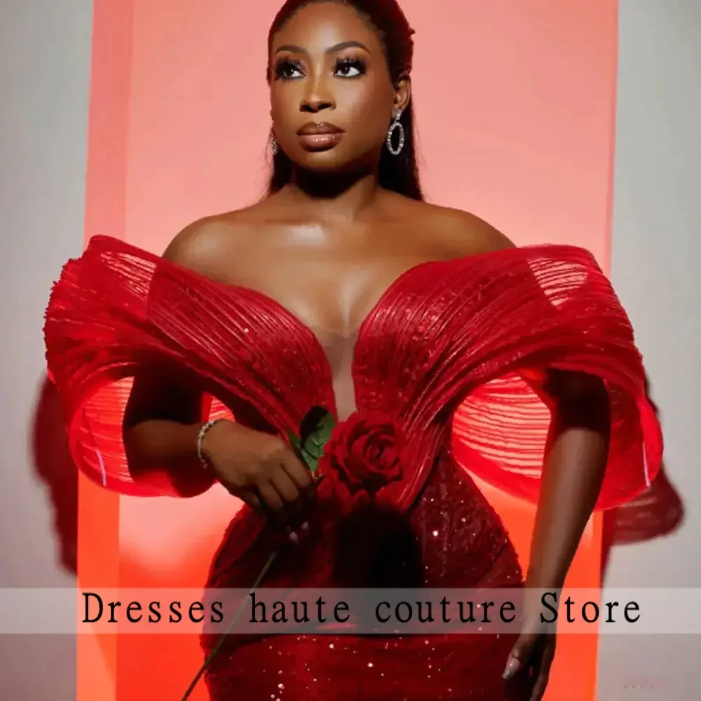 Aso Sunny Customized Red Beaded Mermaid Backless Prom Dresses Off The Shoulder African Evening Dress Customized Party Gown