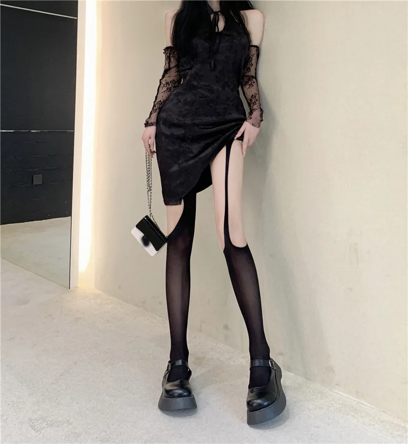 Suspenders Black Stockings Women Sexy Holes Hollow Party Super Elastic Socks Gothic Anti-Snagging JK Stockings Black Pantyhose #