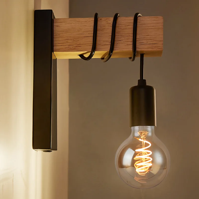 

Retro Iron Wood Wall Lamp Modern Nordic Indoor Sconce Wall Light Fixture for Home Decor Dining Room Bedside Bedroom Lighting E27