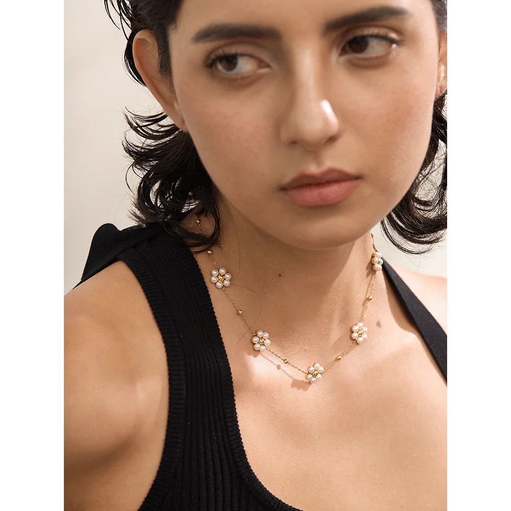 Yhpup Handmade Flower Necklace Women 18K Gold PVD Stainless Steel