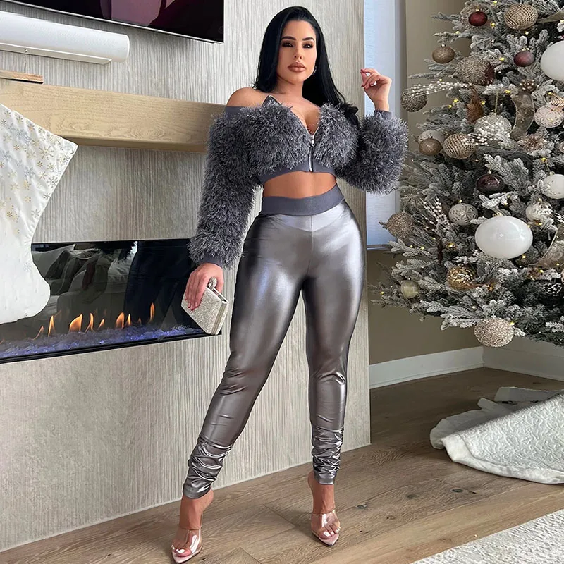 

Elegant Winter Sets for Women 2 Piece Slash Neck Zipper Cropped Jacket Top and Pencil Pants Night Club Outfits Matching Sets