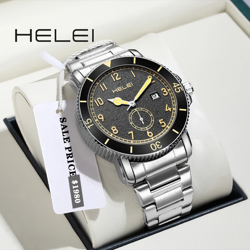 HELEI Original Classic Brand Men's Quartz Watch Waterproof Stainless Steel Fashion Trend Quartz Wristwatch Date Week Men's Gifts
