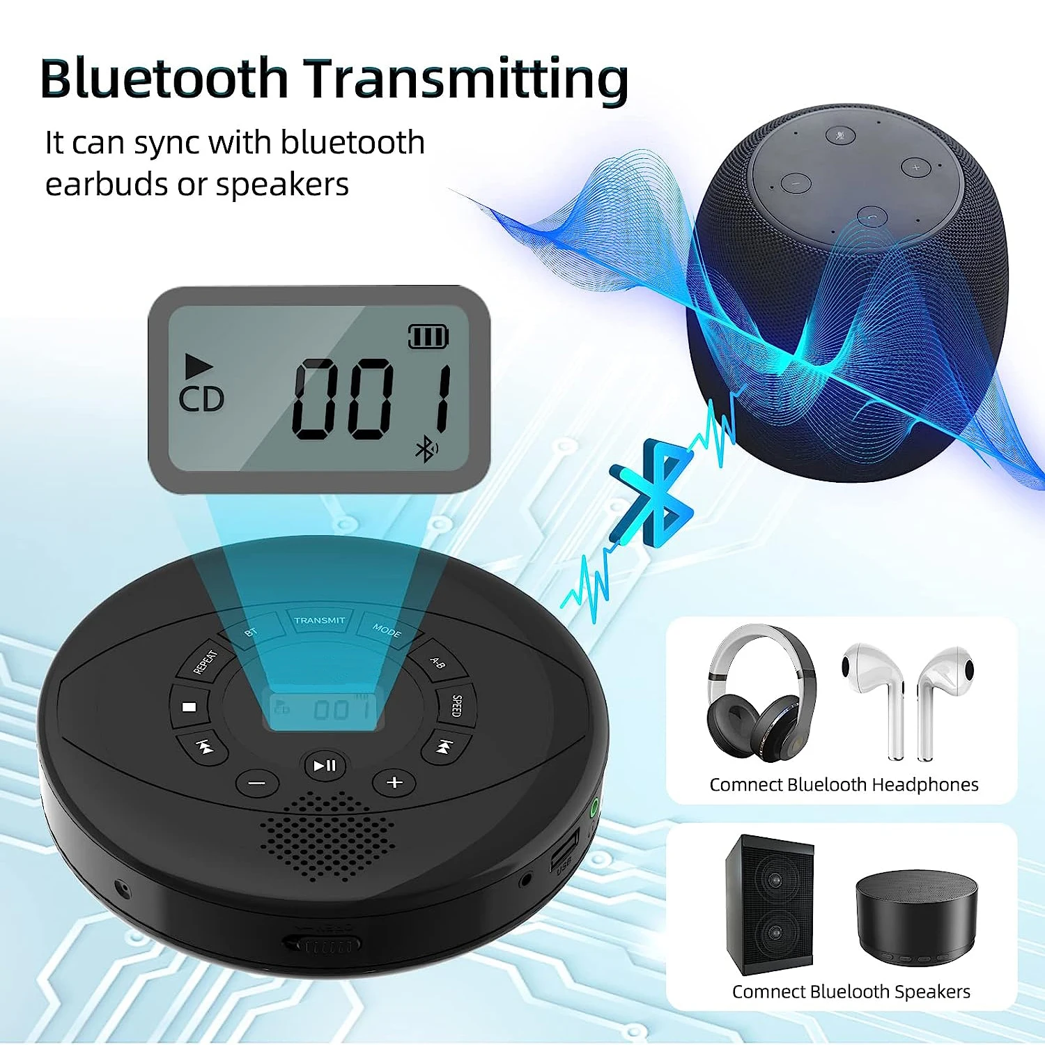 Portable CD Player portable cd player Bluetooth CD Walkman Built in Speakers Rechargeable Player with USB/AUX/Headphone Port