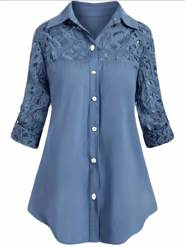 Women Casual Ladies Solid Color Turn-down Collar Lapel Long Sleeve Lace Stitching Hollow out Top Shirts DF5001