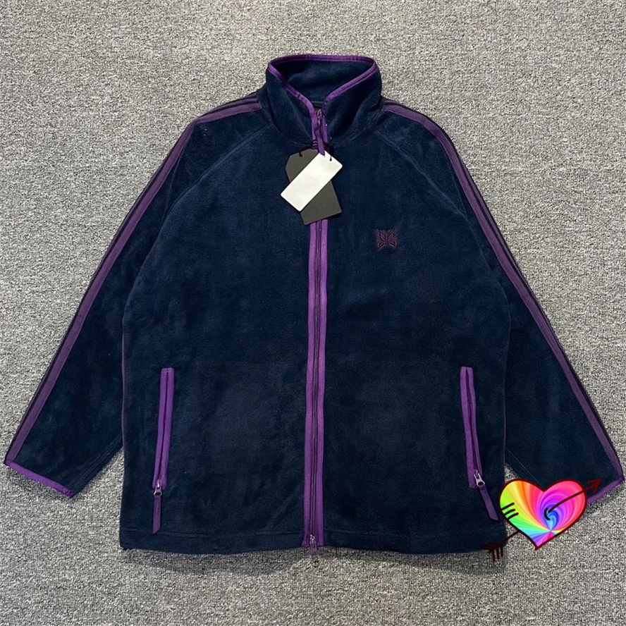 

Polar Fleece AWGE Needles Jacket Men Women Purple Stripe Embroidered Needles Butterfly Jacket High Street Outwear Coats