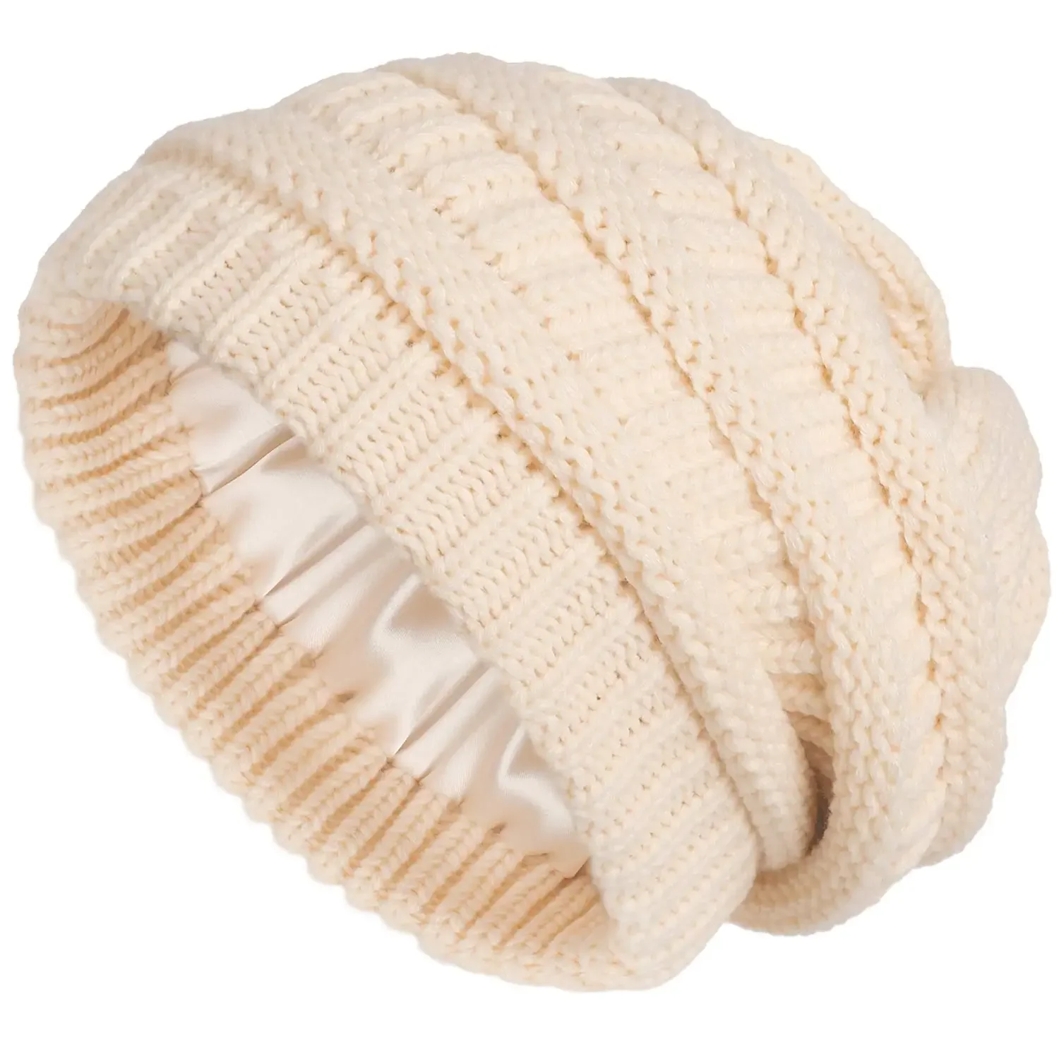 New Satin Lined Winter Beanie Caps Striped Knit Hats Solid Color Silk Lining Thick Chunky Cap Soft Slouchy Warm Hat Ski Cap 3