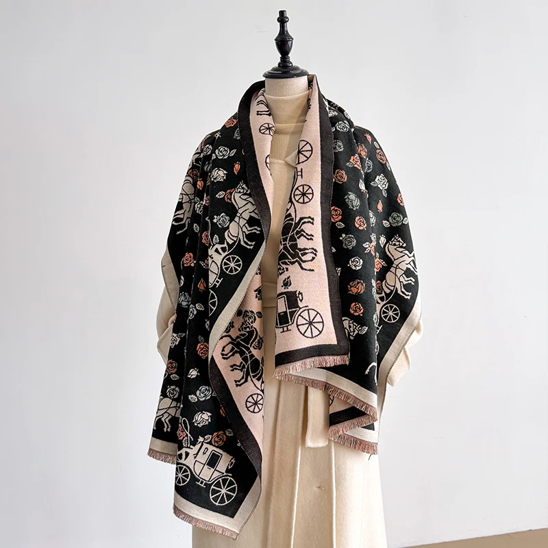 Women's Fashion Winter Faux Cashmere Shawl Vintage Printed Tasseled Scarf Warm Wrap Chic Accessory Suitable For Winter Occasions