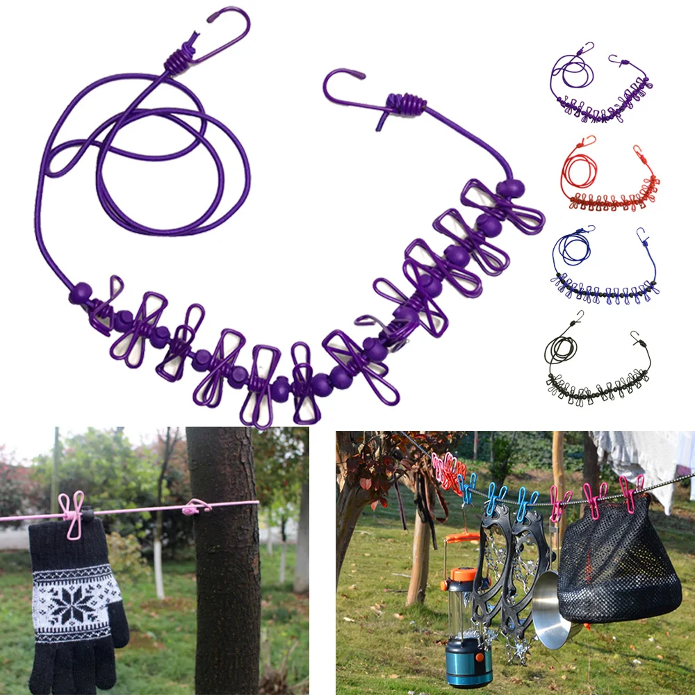 

4M Outdoor Camping Clothesline Non-slip Stretch Rope With 12Clips Travel Clothesline Sock Line Hanging Laundry Drying Rope