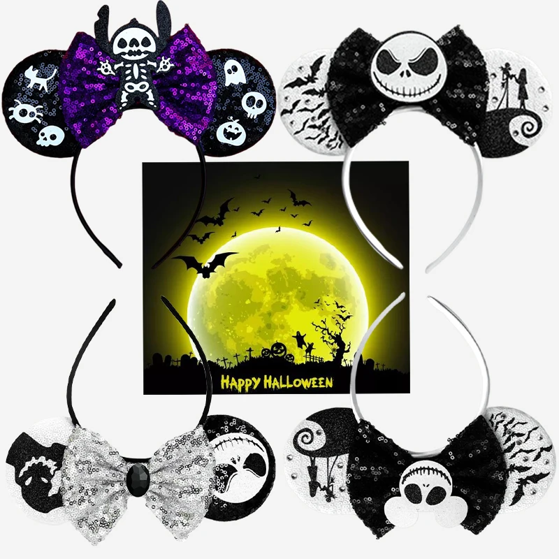 All Hallows’Day Ears Hairbands For Women Stitch Skeleton Headband Girl Ghost Mickey Hair Accessories Kid Sequins Disney Headwear harry potter and the deathly hallows