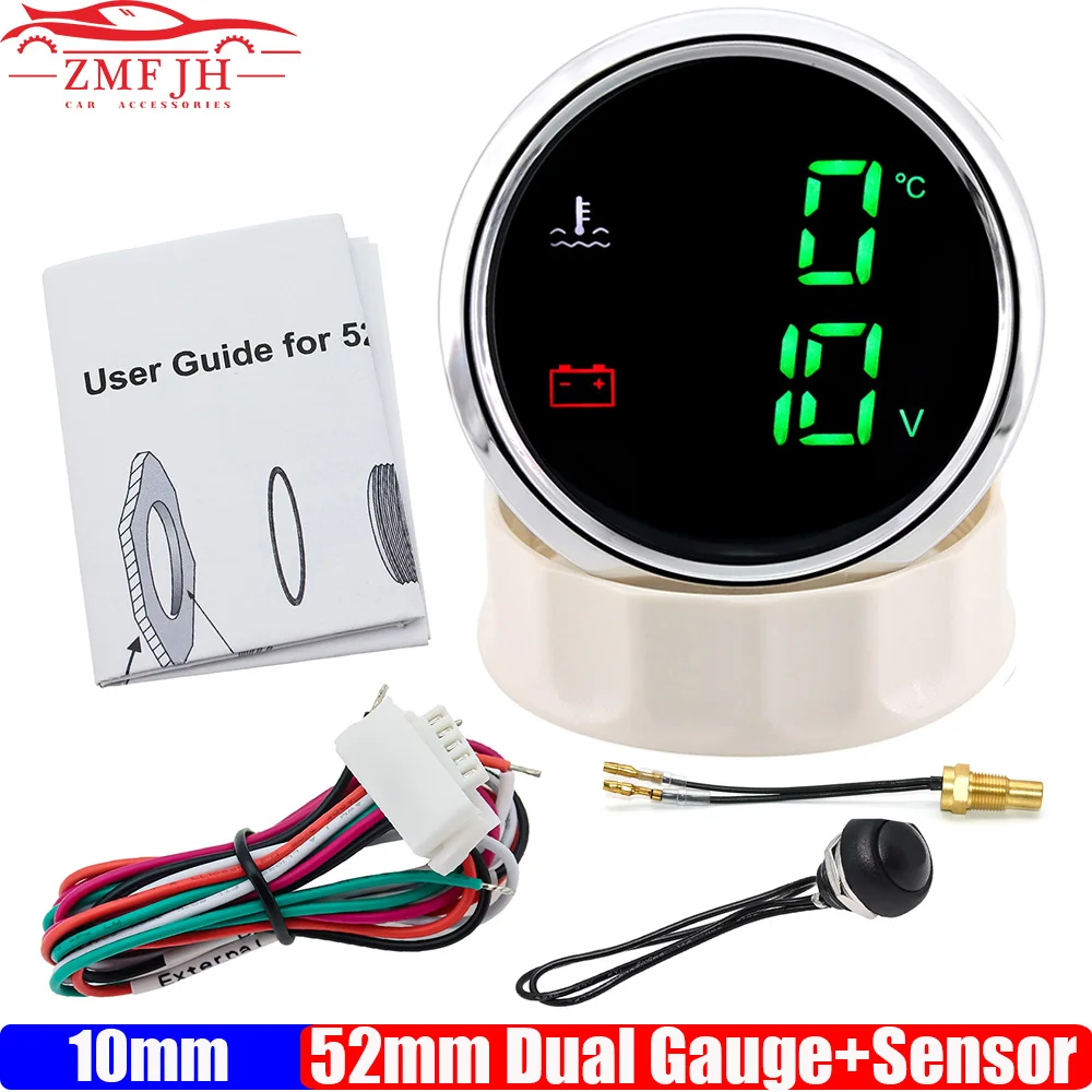 녹색 LED 듀얼 게이지, 수온 계량기 및 전압계, 보트 자동차 요트용 센서 포함, 2 in 1, 40-120 ℃, 104-248 ℉, 52mm, 12V, 24V 맞춤형
