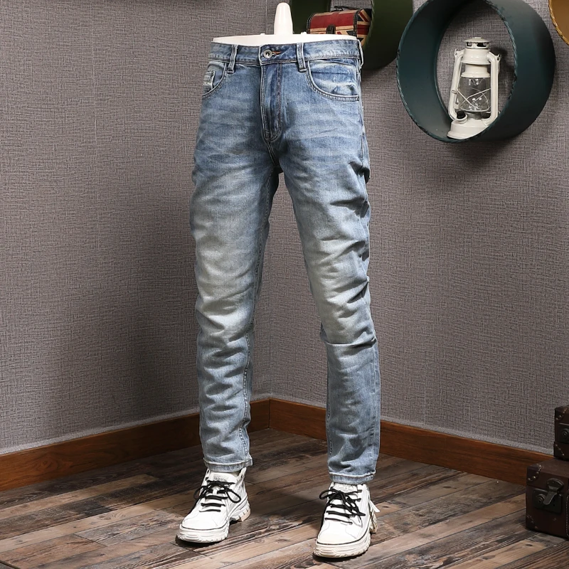 european vintage fashion men jeans high quality retro blue elastic slim fit ripped jeans men casual designer denim pants hombre European Style Fashion Men Jeans High Quality Retro Blue Elastic Slim Fit Ripped Jeans Men Vintage Designer Denim Pants Hombre