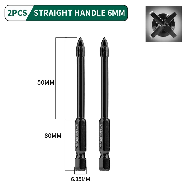 GREENER 3-12mm Four-blade Concrete Impact Glass Drill Cross Hex Tile Drilling Bit Special For Hexagonal Shank Hard Alloy Tri 6mm 2pcs