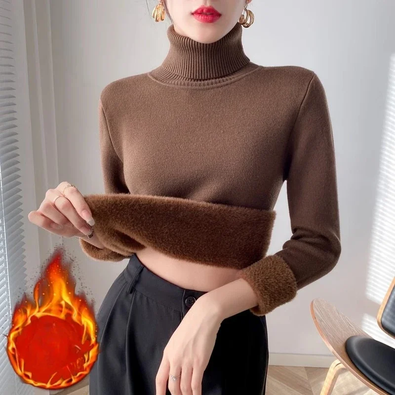 Korean Winter Velvet Turtleneck Solid Color Sweet Women's Knitted Sweater Fashion Autumn Elegant Casual Warm Pullover Top