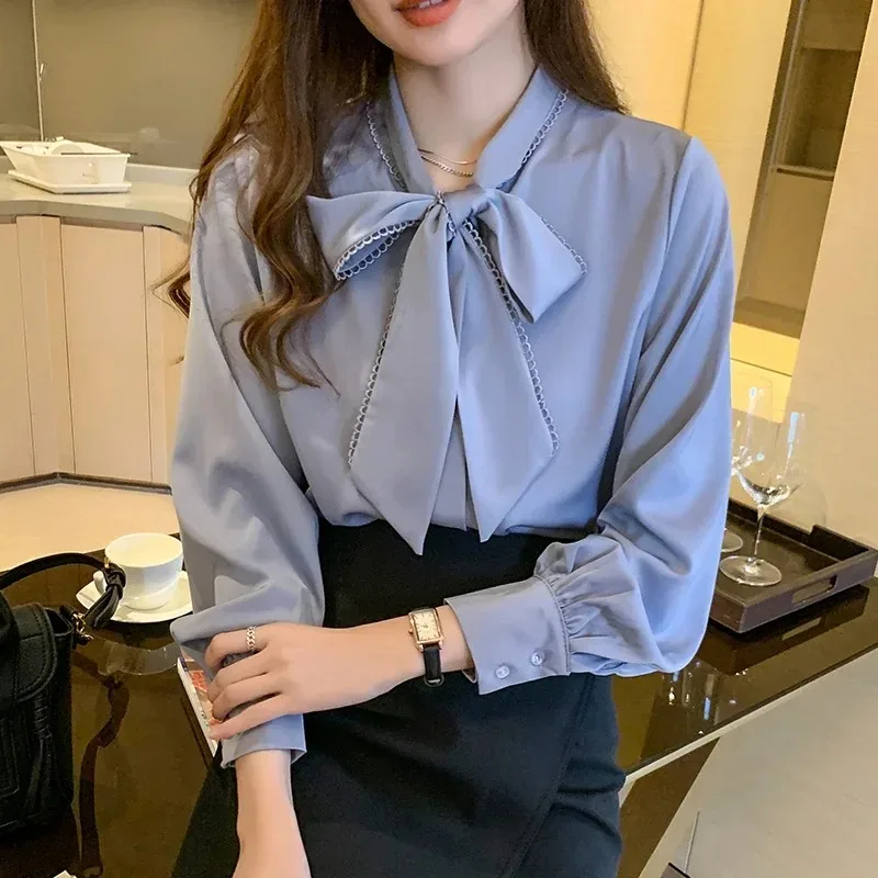 Women's Long Sleeve Chiffon Blouse with Bow Shirt Loose Tops Office Lady Elegant Clothes Fashion Spring Autumn 10691