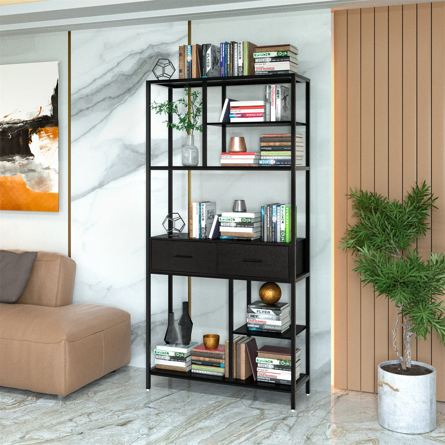 Tall Bookshelf with Drawers Industrial Bookcase with 6 Tiers Storage Shelves Office Book Shelves Book Display Shelf