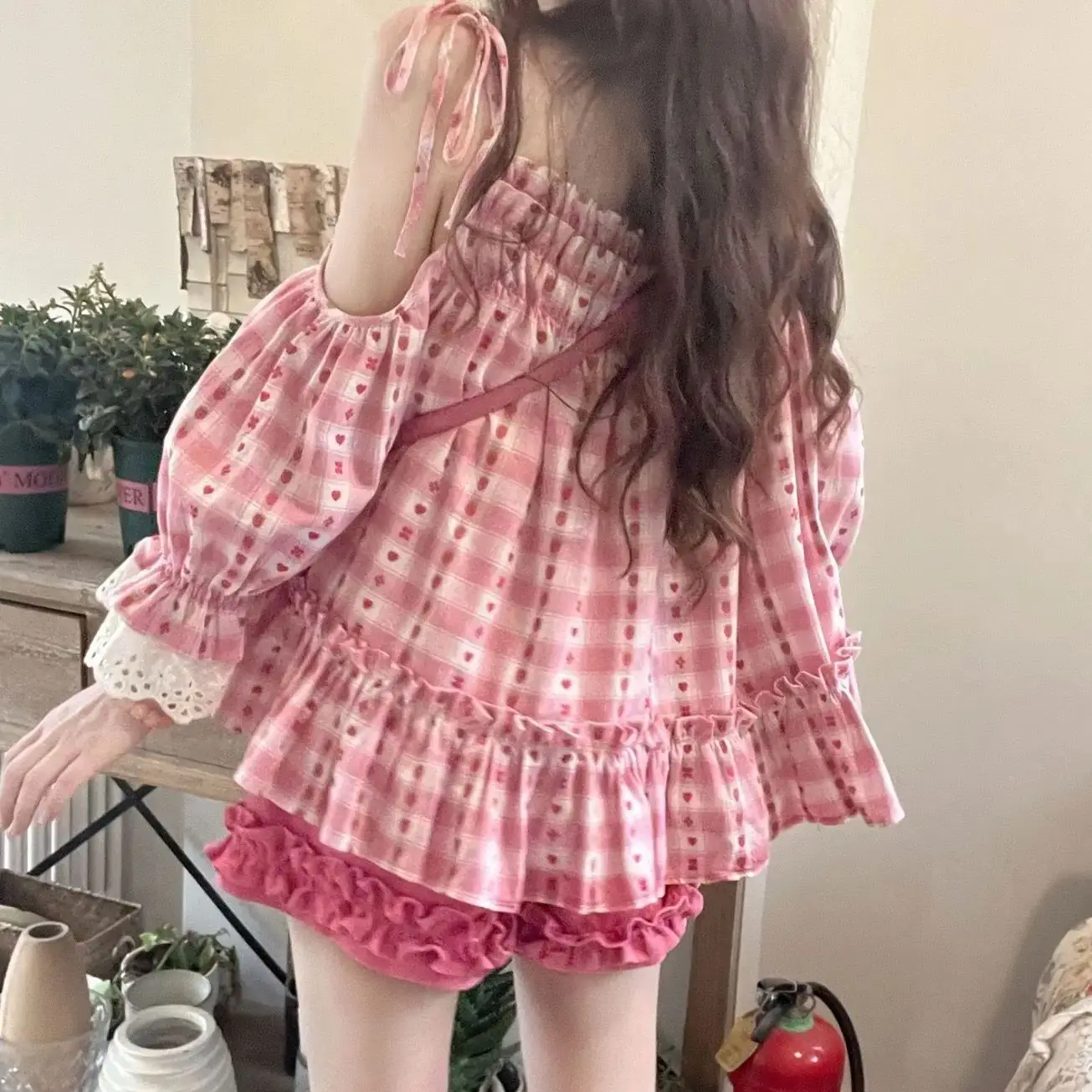 Shorts Suit Pink Japanese Kawaii Cute Sweet Two Piece Set Women Summer Lolita Print Bare Shoulder Blouse + Wide-Leg Shorts New