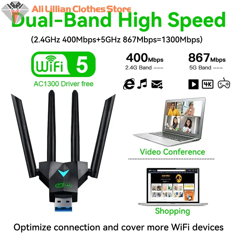 핫세일 1300Mbps USB 3.0 듀얼 밴드 WiFi 어댑터 5G 2.4G 무선 드라이버 불필요 네트워크 카드 데스크탑 노트북 멀티미디어 스트리밍용