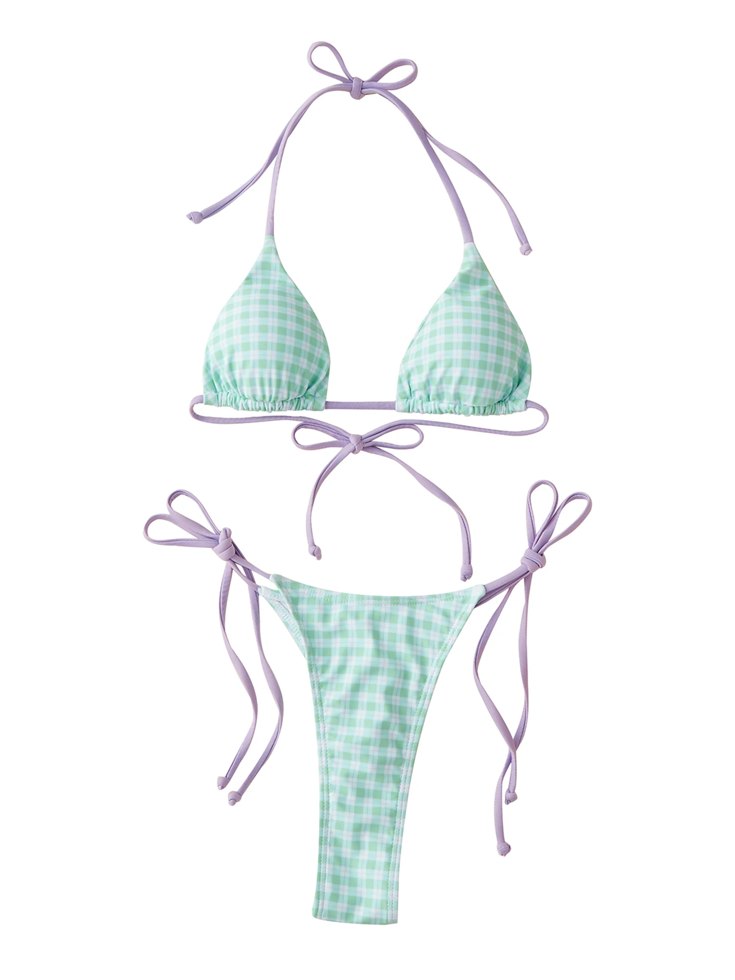 Trendy Women s Plaid Print Bikini Set with Halter Neck and String Bottoms for Stylish Summer Beachwear Look