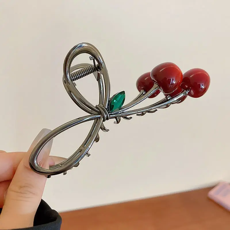 Women Elegant Cherry Hair Claw Grab Clips Bow Hairpins Korean Fashion Barrettes Girls Ponytail Shark Clip Hair Accessories