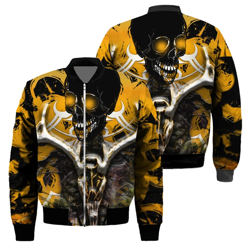 3D digital printed bomber jacket for men's autumn and winter clothing plus versized sportswear long sleeved casual skull jacket