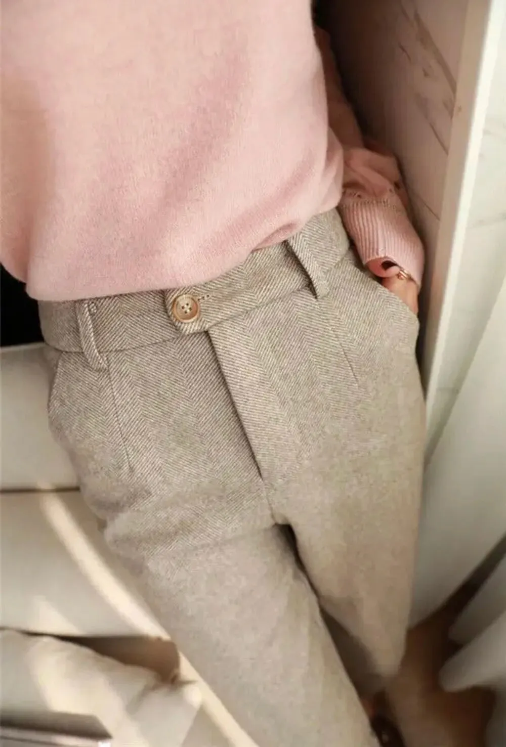 Description Picture 4 of itemWomen's Tweed Stretchy Slim Pencil Dress Pants High Waisted Winter Woolen Straight Leg Slacks for Work Business Casual