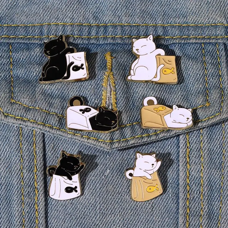 

Black White Cats and Food Enamel Pins Custom Kitten Animal Brooches Lapel Badges Cool Fun Jewelry Gift for Kids Friends