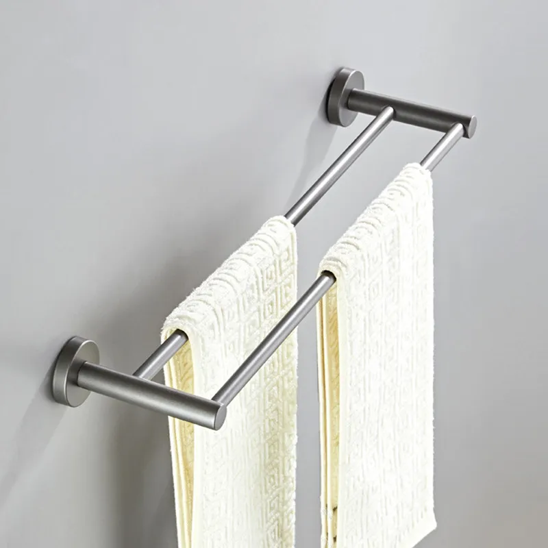 gray Double pole Towel Hanger Wall Mounted Towel Rack Bathroom Brass Gold Bar Rail accessories Retro design Shelf